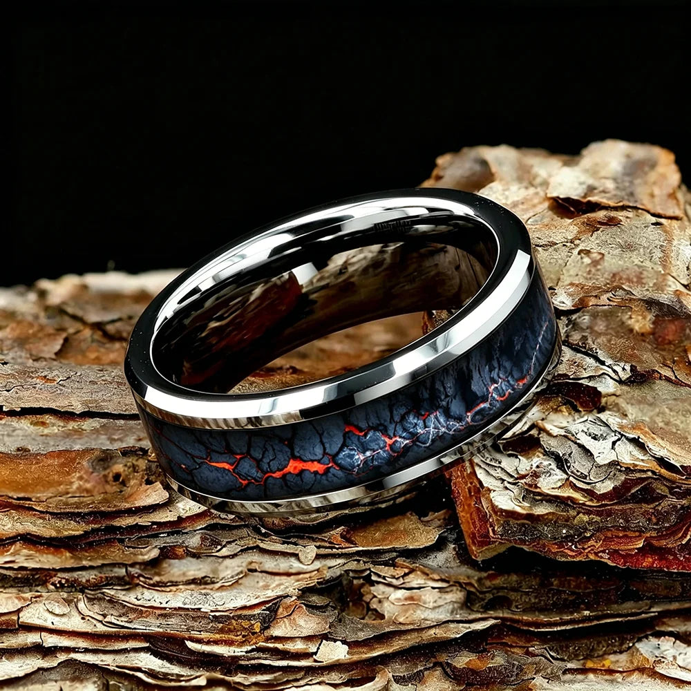 Fashion Men's Stainless Steel Rings Unique Flame Pattern Inlay Ring For Men Wedding Party Jewelry, Gift for Him Non-Fade