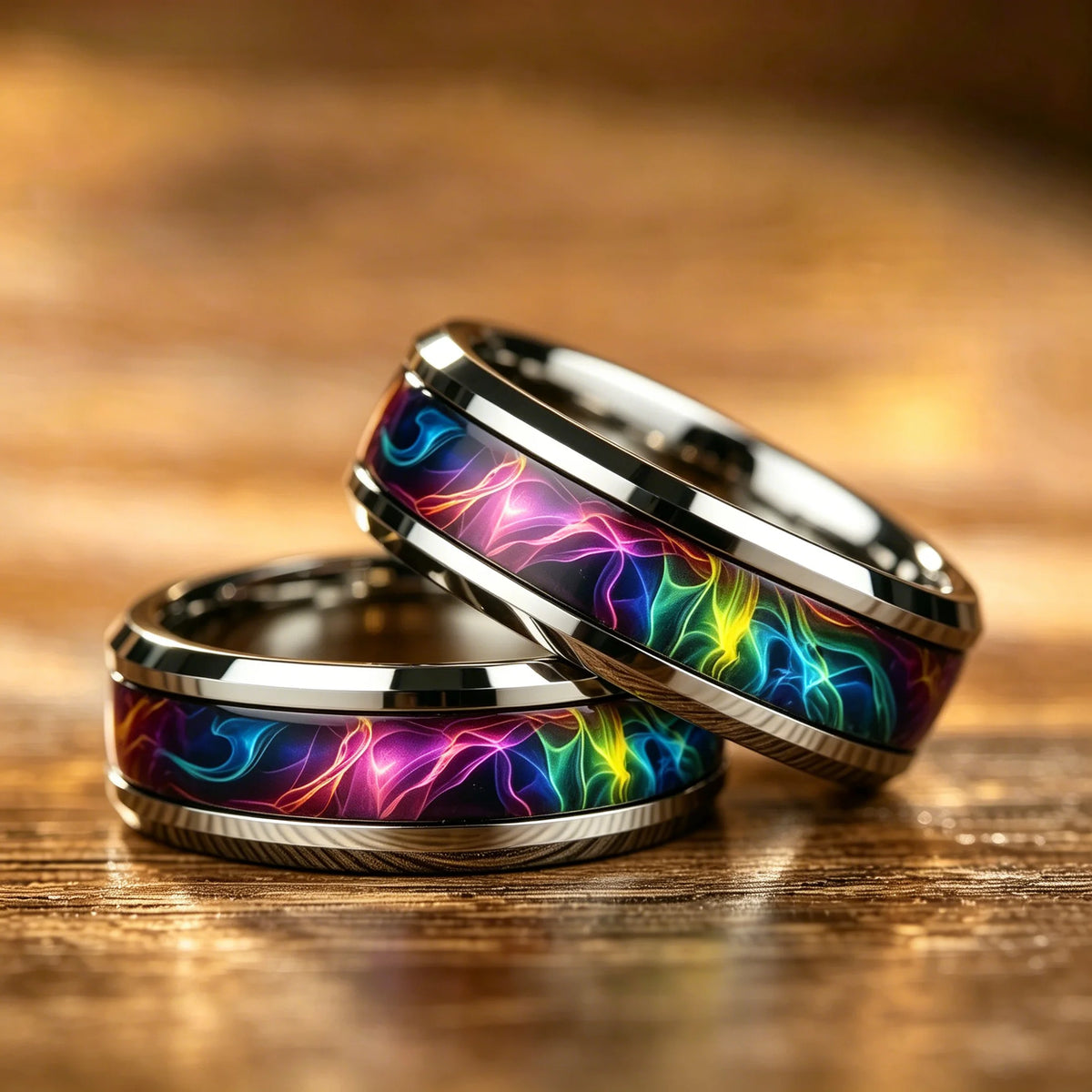 Men Stainless Steel Rings, 8mm Galaxy Style Rainbow Gradient Nebula Inlay Polished Beveled Edge Rings for Men Wedding Bands