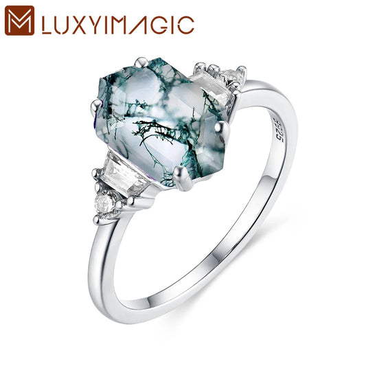 Luxyimagic Moss Agate Natural Stone Rings for Women Silver 925 Fine Jewelry Hexagon Gemstone Wedding Engagement Gift for Her New