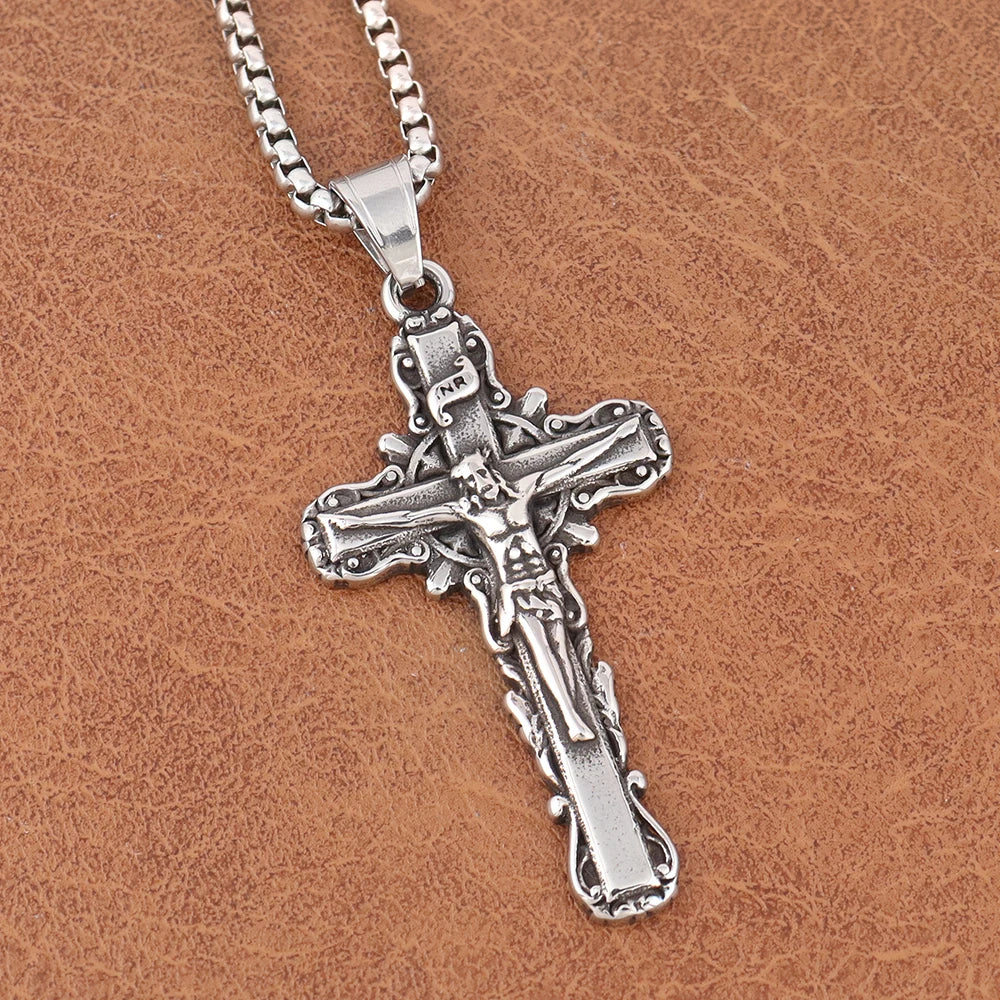 Fashion Simple Religious Jesus Cross Necklace Charm Stainless Steel Christian Cross Pendent With Chain Popular Men Women Jewelry