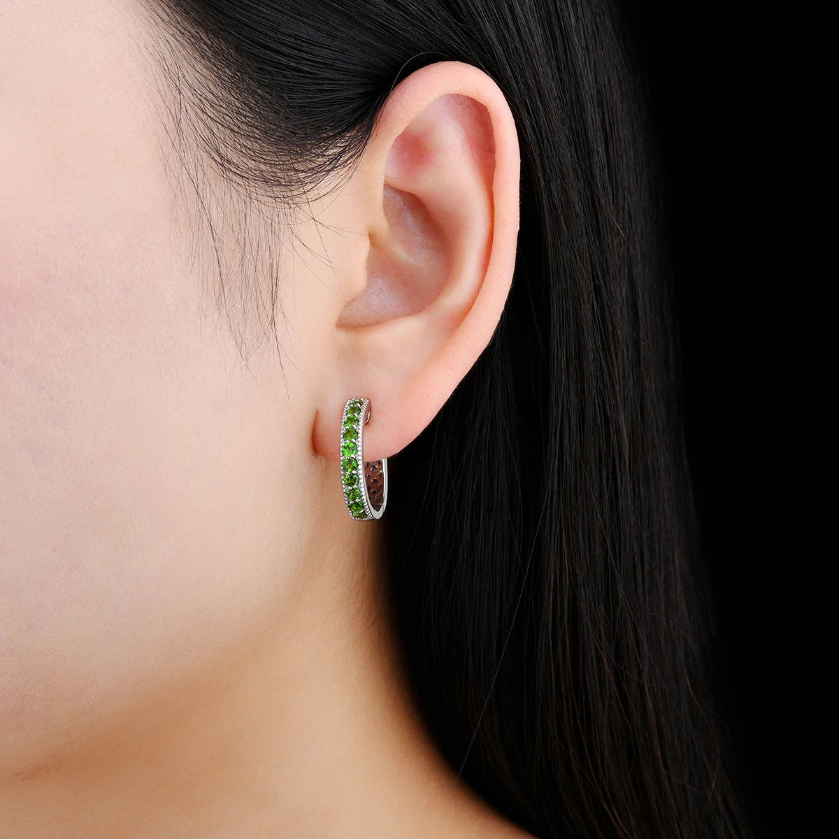 Natural Chrome Diopside Sterling Silver Hoop Earrings 1.5 Carats Genuine Gemstone Classic Style Fine Jewelrys S925 Gifts