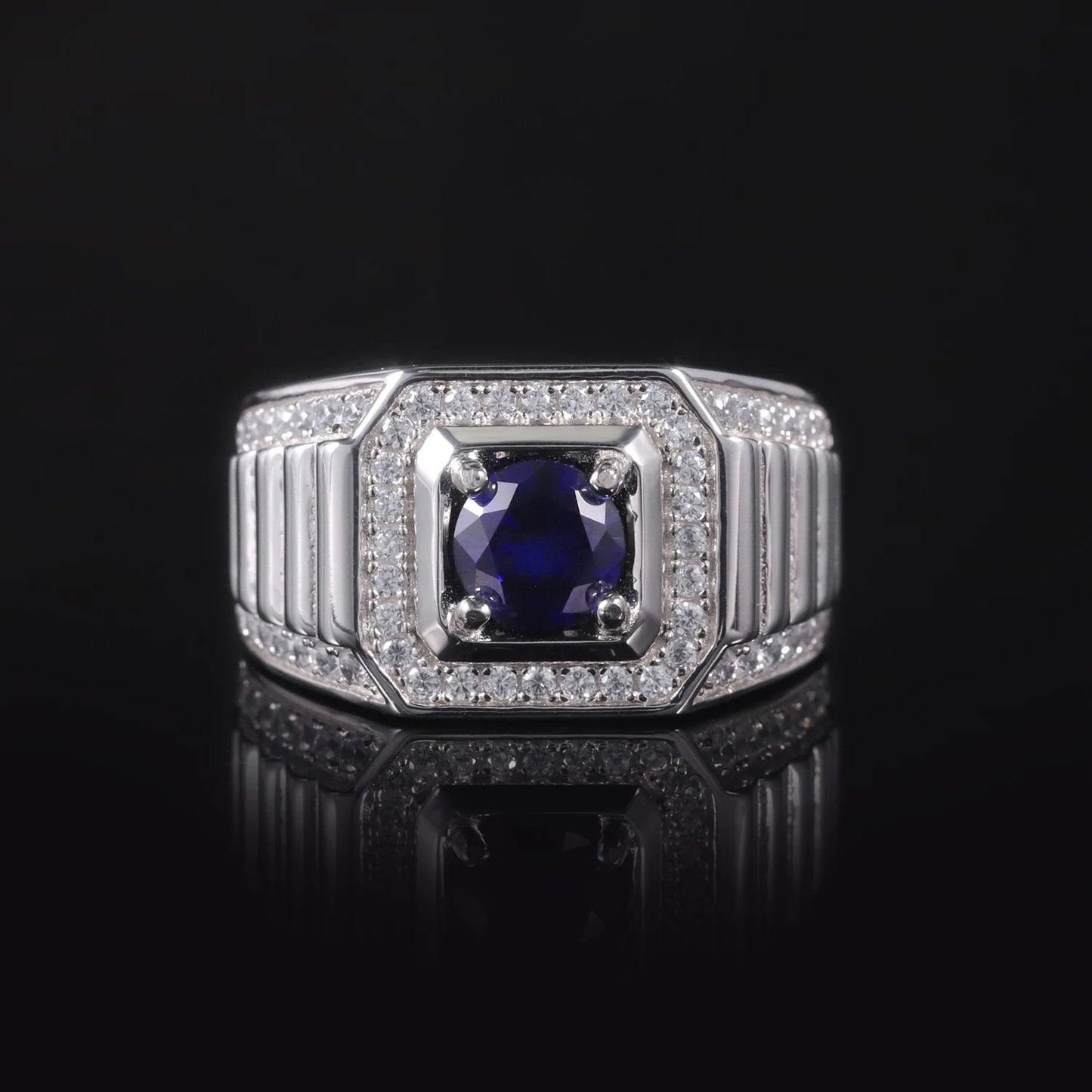GEM'S BALLET Big Mount Luxurious Men's Ring, 1.37 Ct Round Lab Grown Sapphire, 925 Sterling Silver Men's Wedding Sapphire Ring
