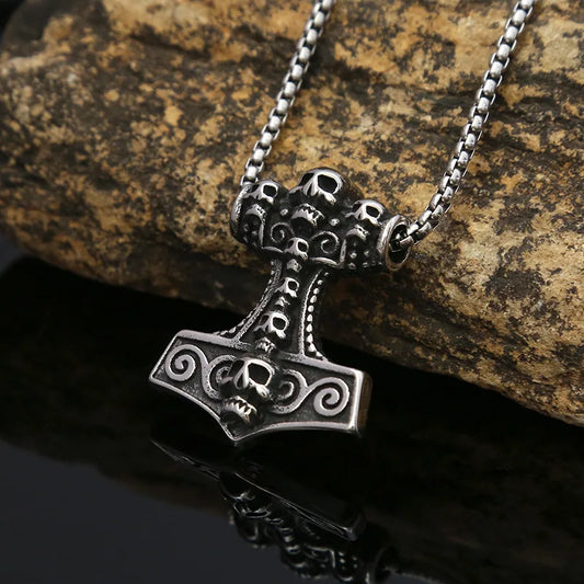 Stainless Steel Gothic Vintage Thor Hammer Pendant Men's Vintage Punk Skull Necklace Classic Norse Mythology Jewelry Accessories
