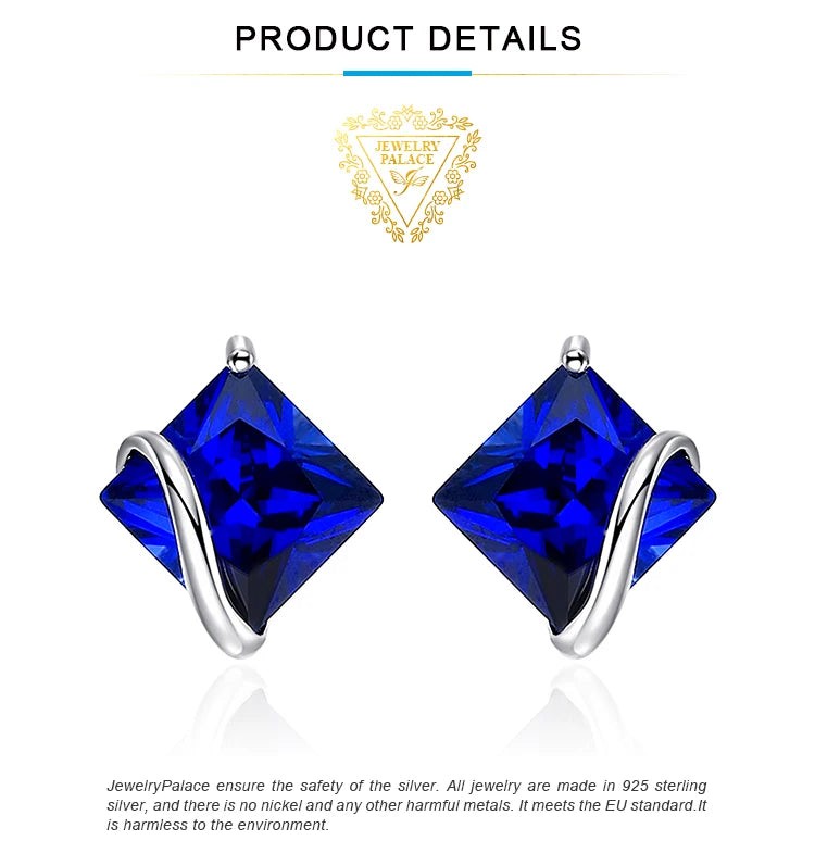 JewelryPalace Square 2.8ct Created Blue Sapphire 925 Sterling Silver Stud Earrings for Women Gemstone Fine Jewelry Birthday Gift