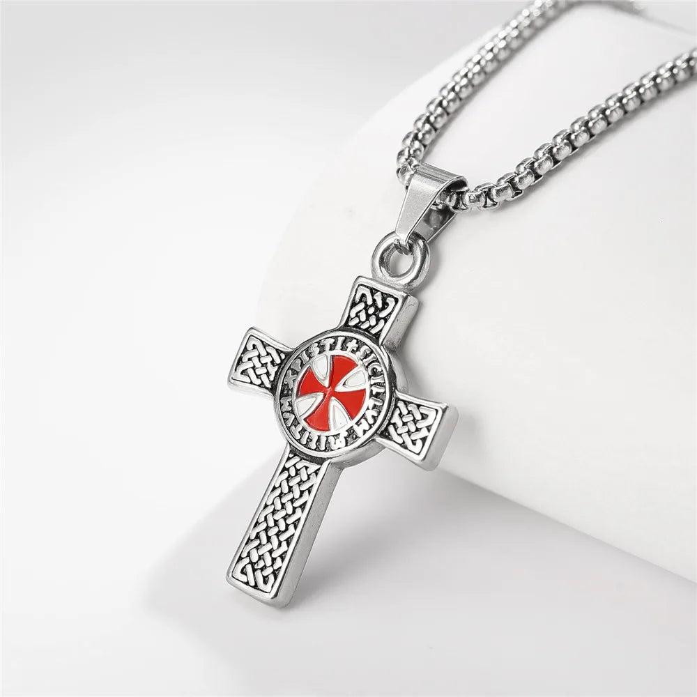 Vintage Punk Red Cross Templar Pendant Necklace for Men Fashion Charm Christian Religious Jewelry