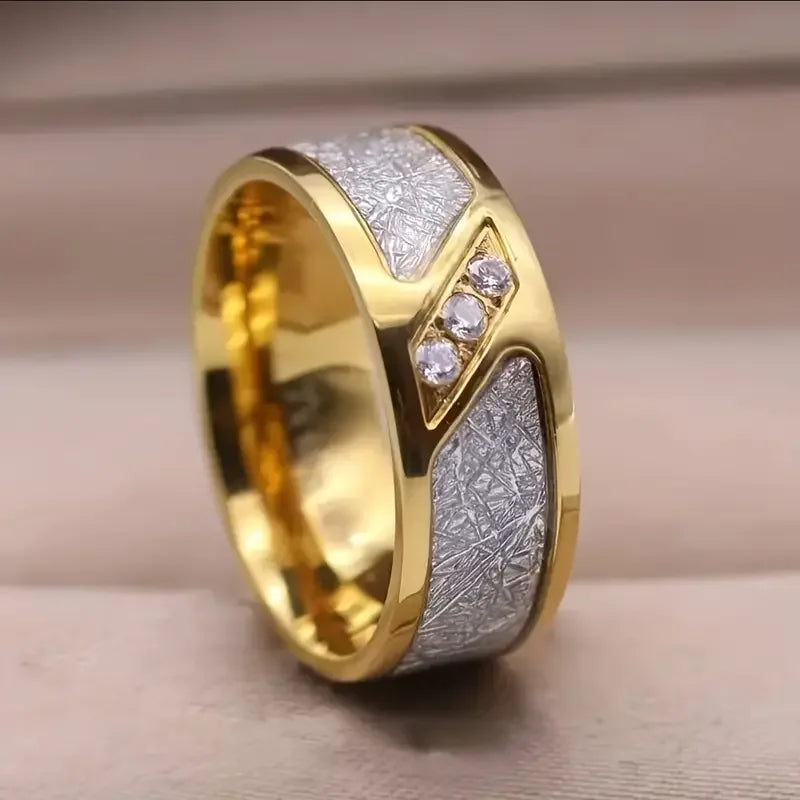 Gold Color Tungsten Carbon Fibre Wedding Rings Trendy 8mm For Men Meteorite Cubic Zirconia Inlaid Stainless Steel Engagement