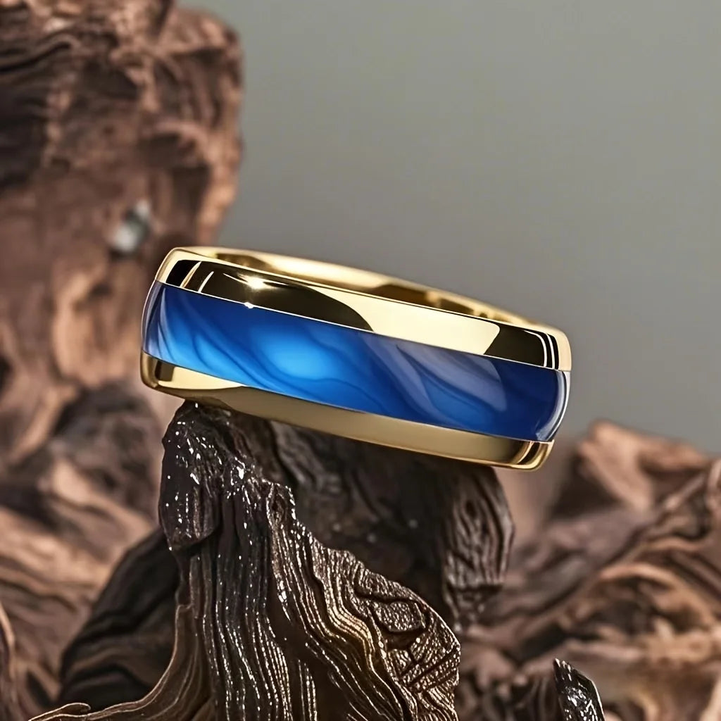 Fashion Black Men Stainless Steel Ring with Volcanic Lava and Golden Foil Pattern Inlay Rings for Men Wedding Jewelry Drop Ship