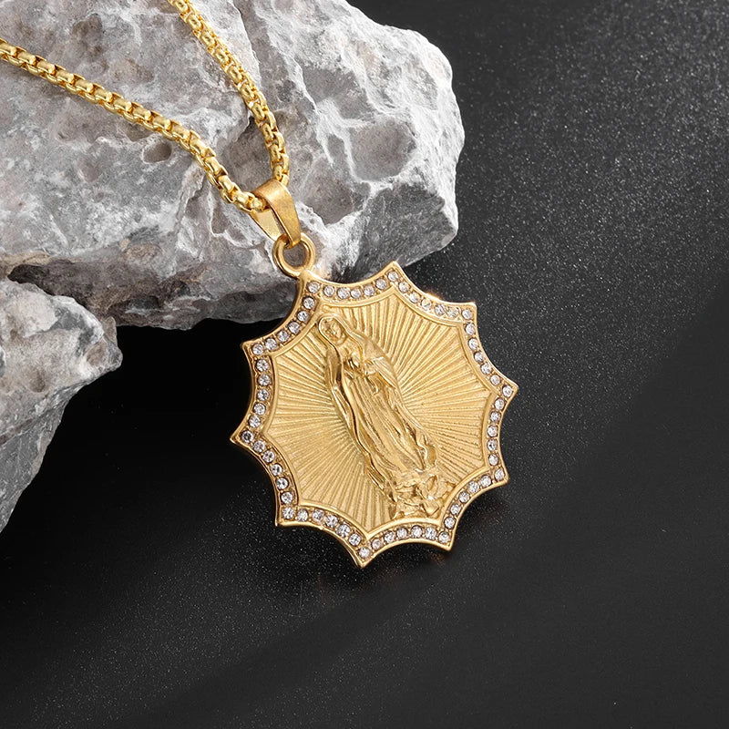 Classic Catholic Virgin Mary Square Pendant Necklace for Men Women Christian Religious Prayer Amulets Jewelry Gifts