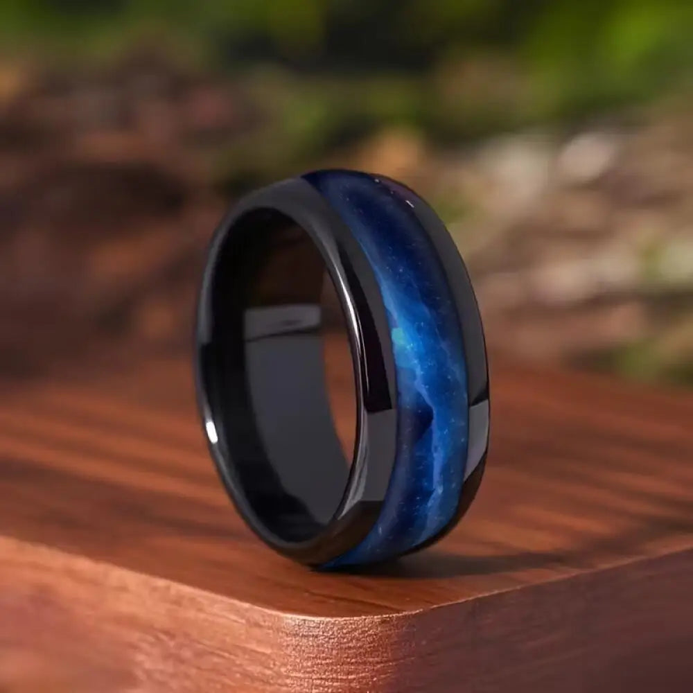 With Blue Gradient Nebula Pattern Rings, 8mm Cosmic Starry Sky Stainless Steel Men Ring, Wedding Band Jewelry Drop Shipping