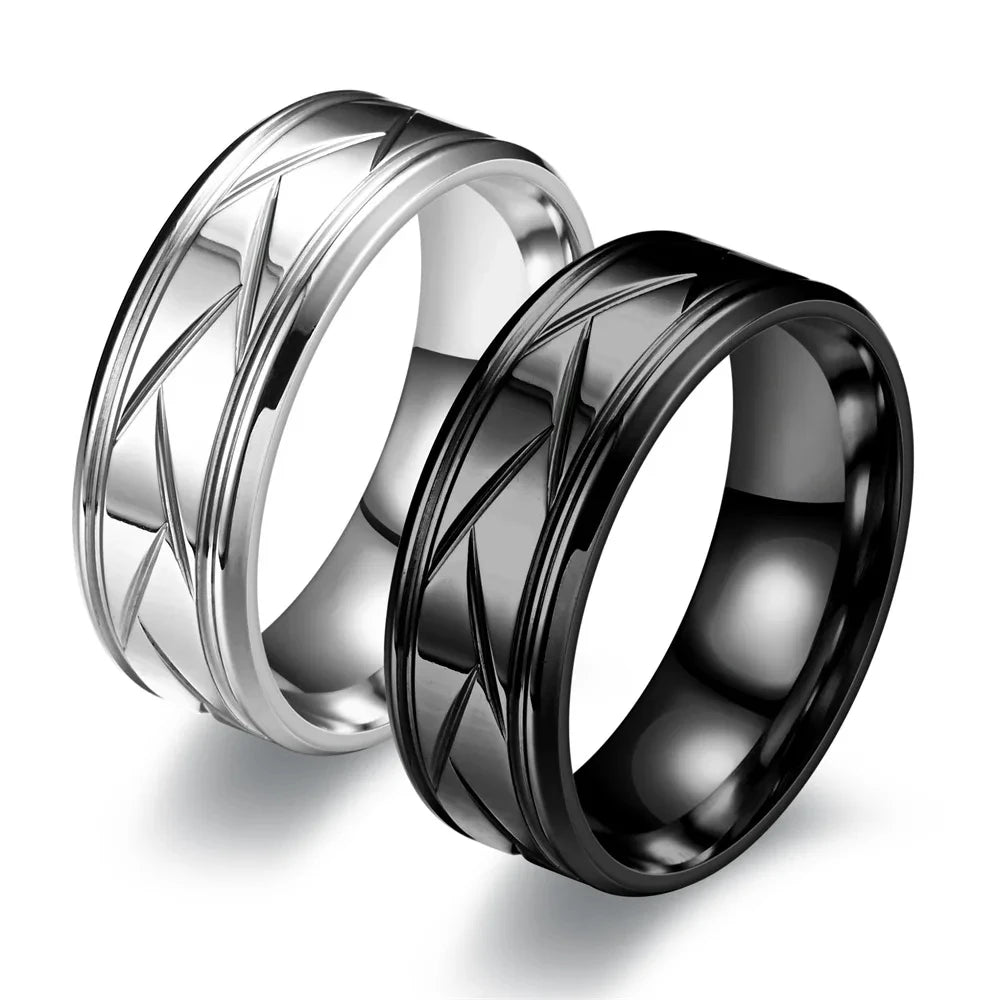 Fashion Men’s Silver Color Black Stainless Steel Ring Groove Multi-Faceted Rings for Men Women Engagement Ring Anniversary Gifts