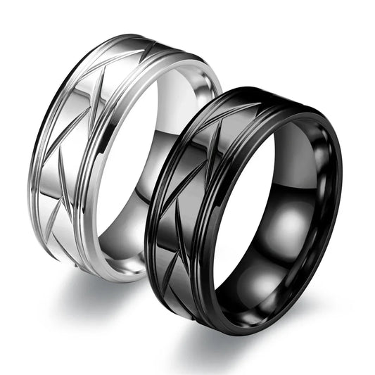 Fashion Men’s Silver Color Black Stainless Steel Ring Groove Multi-Faceted Rings for Men Women Engagement Ring Anniversary Gifts