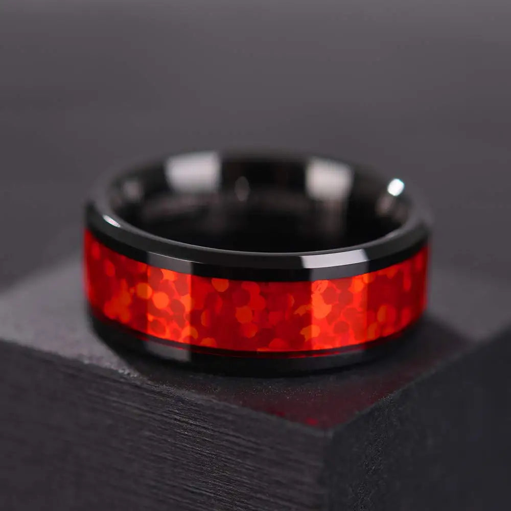 Fashion 4/6/8mm Black Titanium Stainless Steel Wedding Rings Inlay Imitation Red Opal Rings For Men Women Wedding Band Jewelry