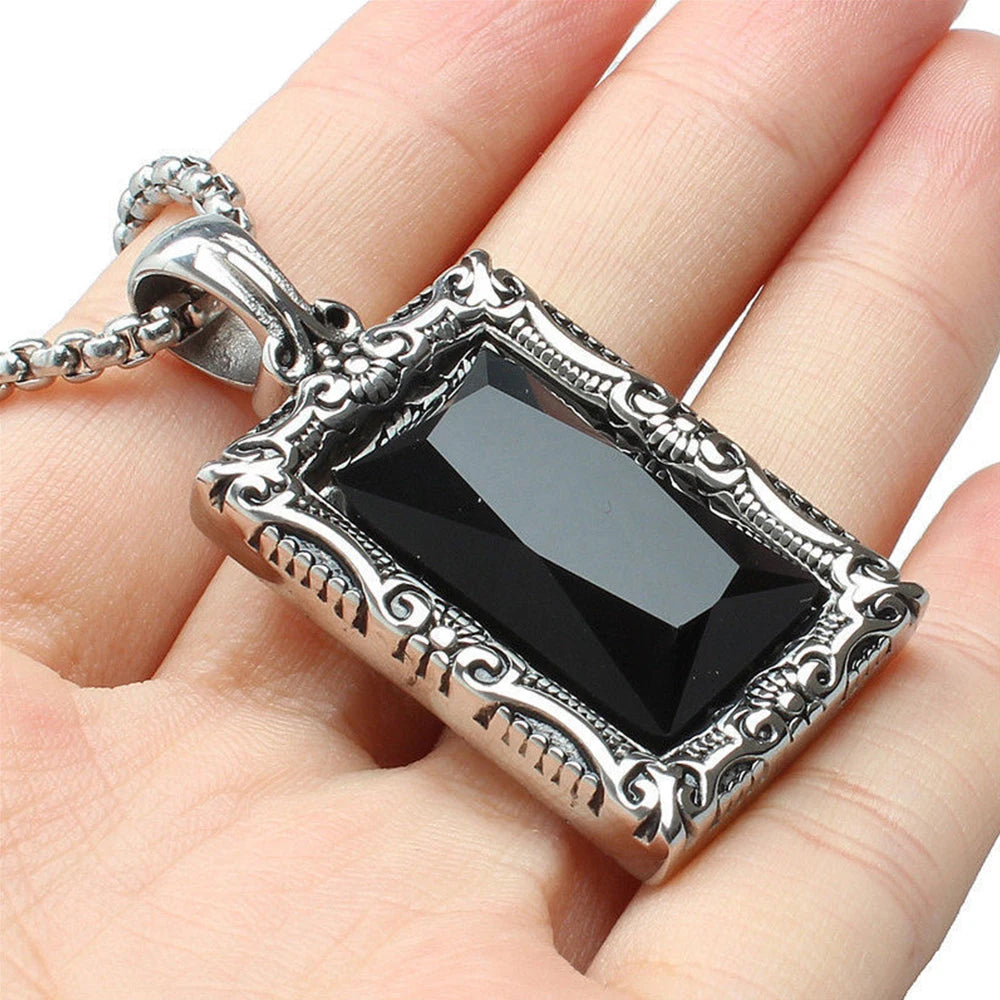 Fashion Popular Women Black Gemstone Necklaces Amulet Stainless Steel Classic Simple Party Pendant Chain Charm Jewelry