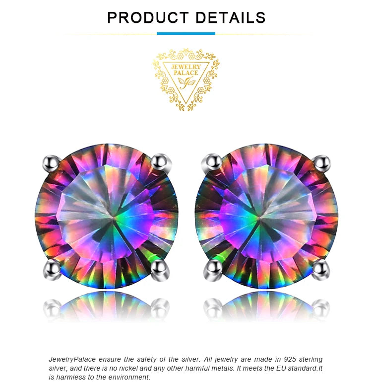 JewelryPalace Round Genuine Rainbow Mystic Quartz 925 Sterling Silver Stud Earrings  Women Fashion Statement Gemstone  Jewelry