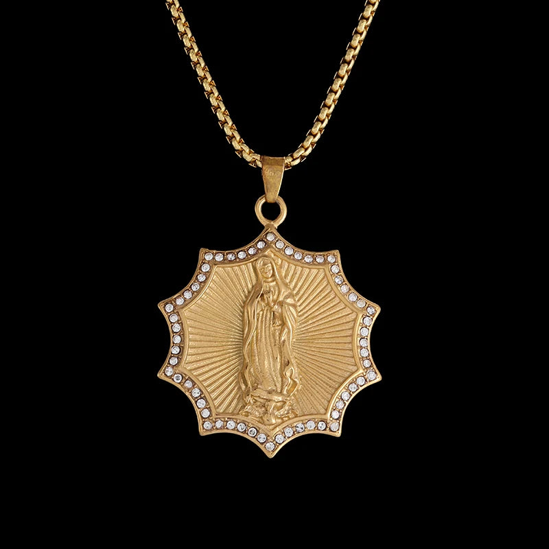 Classic Catholic Virgin Mary Square Pendant Necklace for Men Women Christian Religious Prayer Amulets Jewelry Gifts