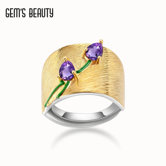 Gem's Beauty Original Handmade Real 925 Sterling Silver Statement Ring Jewelry Gift Natural Gemstone Amethyst Gold Plate Tulip
