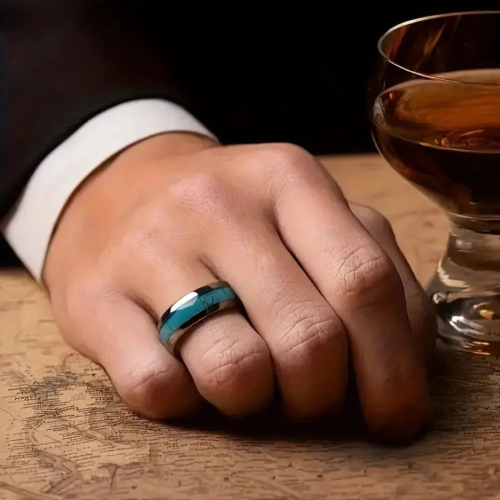 Hot Inlay Blue Turquoise Rings Fashion 8MM Men Stainless Steel Rings for Men Women Wedding Engagement Band Jewelry Gift Dropship