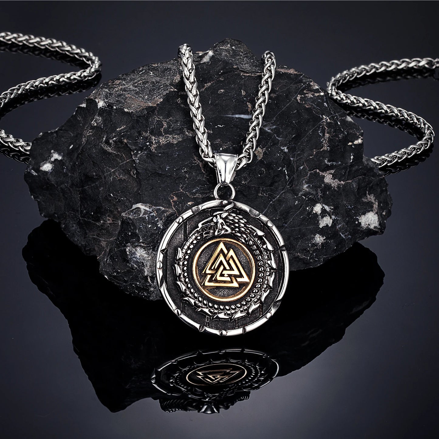 Vikings Ouroboros Dragon Necklace Men Stainless Steel Norse Runes Triangle Pendant Amulet Scandinavian Jewelry Vintage Male Gift