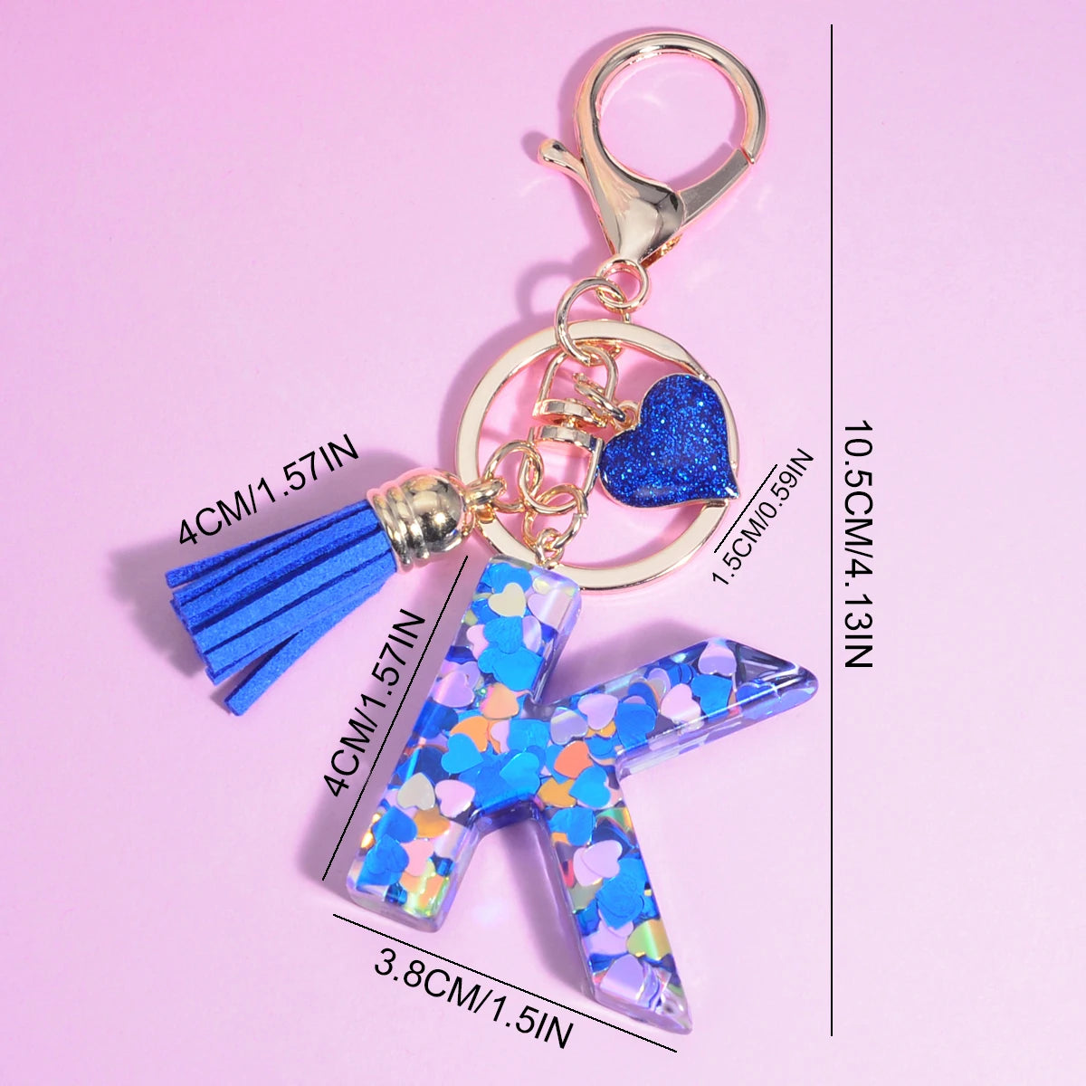 26 Initials Letter Key Pendant with Blue Tassel Alloy Love Fashion Girls Handbag Glitter Gradient Resin Alphabet Keychain Charms