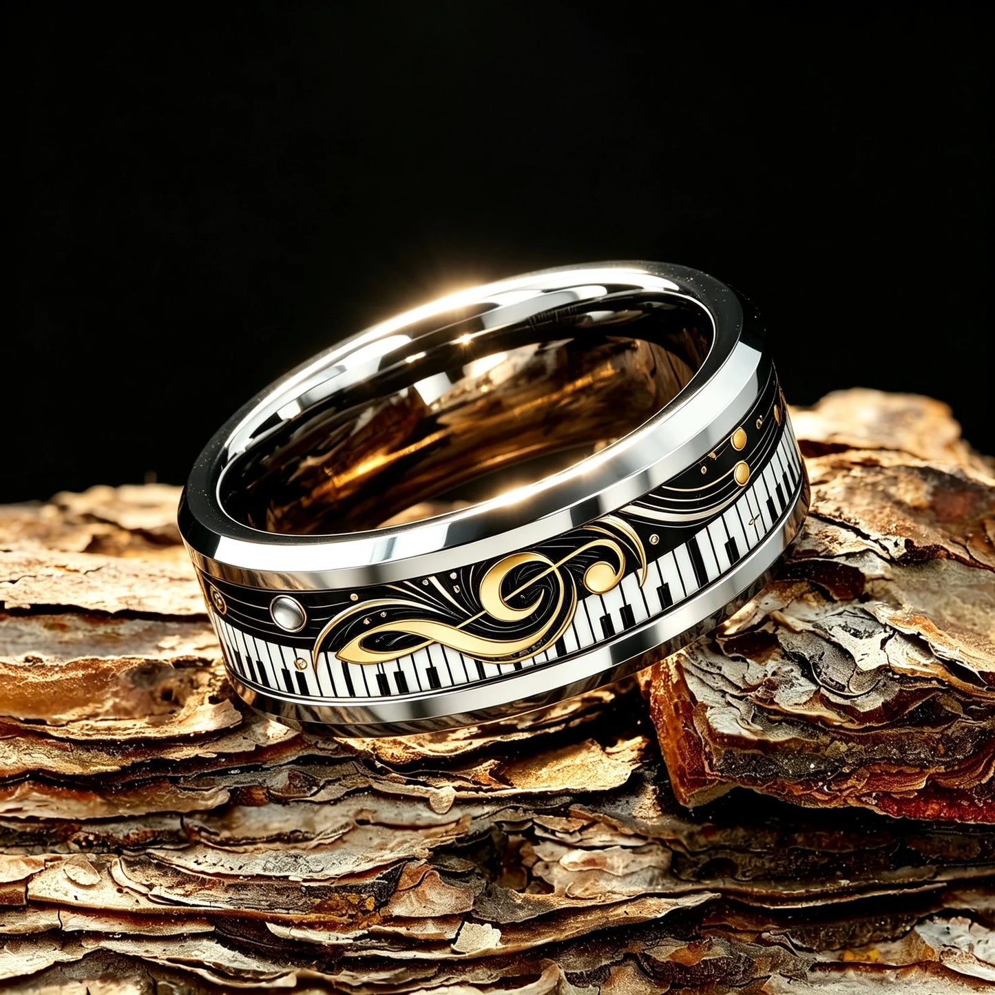 Elegant Piano Keys And Golden Notes Pattern Inlay Ring Fashion Stainless Steel Rings for Men Women Wedding Band Jewelry Gifts