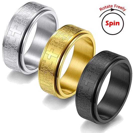 Rotate Freely Stainless Steel Rings For Men Women Christian Jesus Cross Spinner Ring Retro Amulet Religious Jewelry Gift