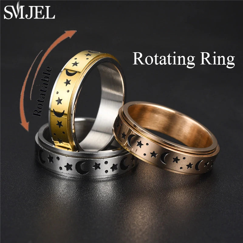 Rose Gold Stainless Steel Anxiety Ring Women Men Fidgets Spinner Rings Engagement Bands Silver Color Fashion Jewelry 8/6mm