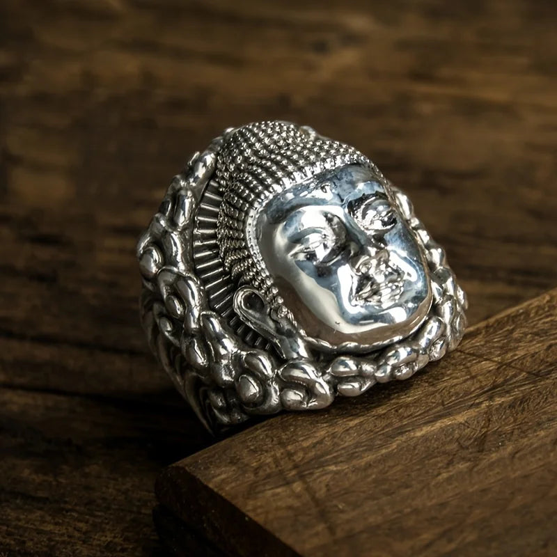 1pc silver Buddha's head alloy ring, fashion trend, handsome personality, adjustable size of fashion accessories, suitable for d