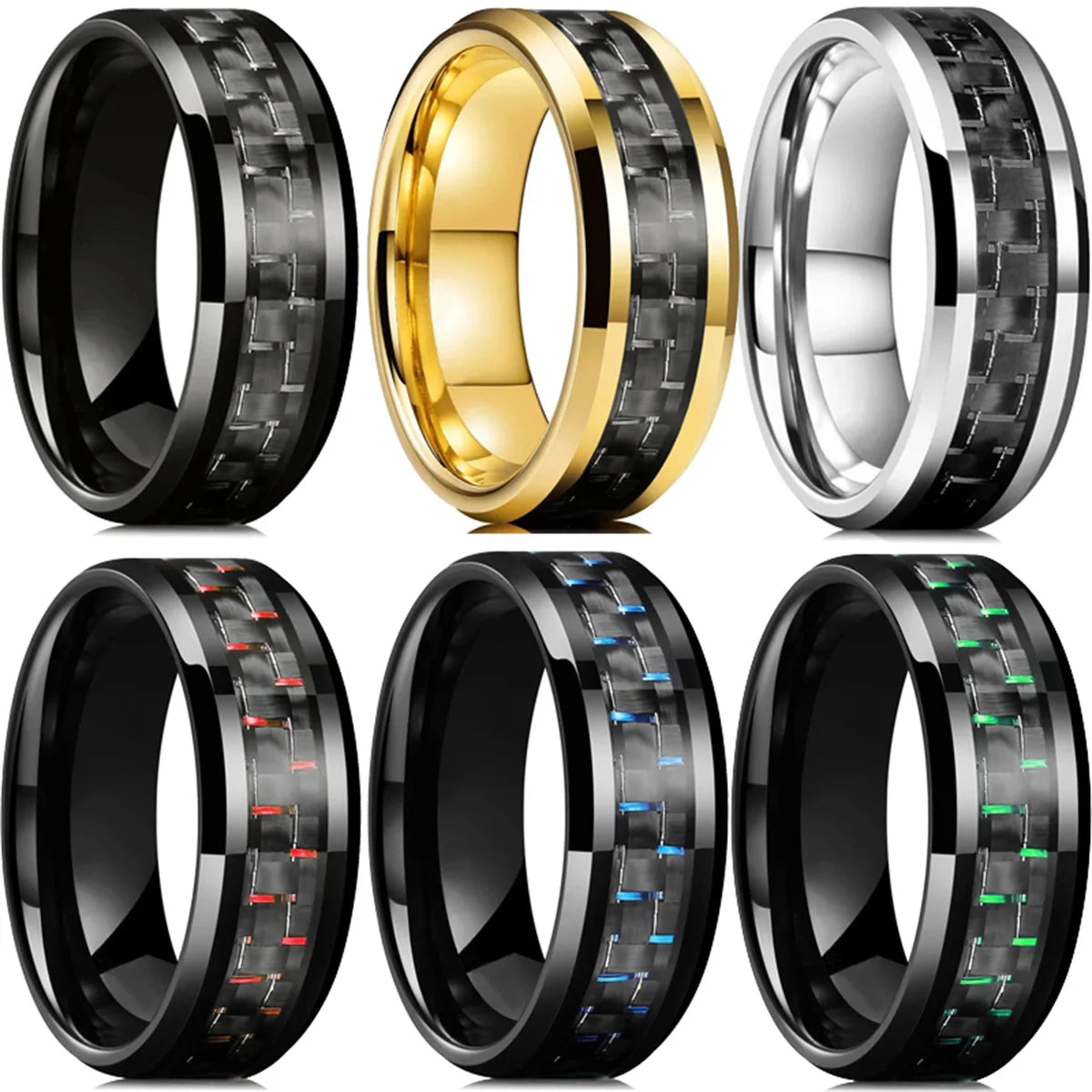 Fashion 8mm Men Stainless Steel Rings Inlaid Black Blue Red Carbon Fiber Rings For Men Wedding Engagement Party Jewelry Gifts