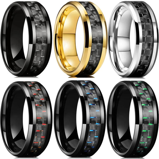Fashion 8mm Men Stainless Steel Rings Inlaid Black Blue Red Carbon Fiber Rings For Men Wedding Engagement Party Jewelry Gifts