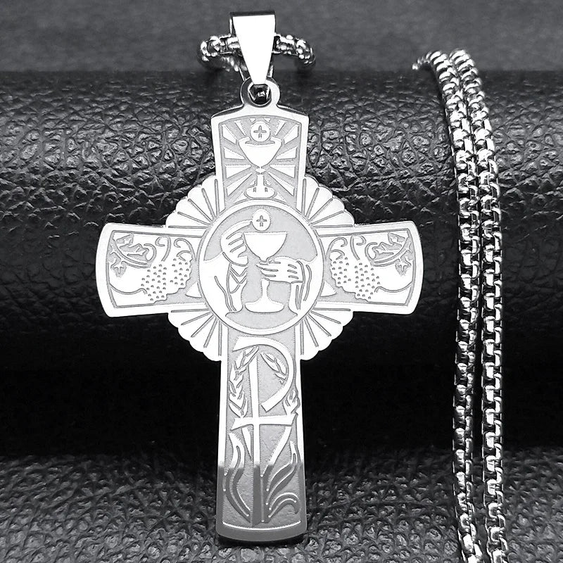 Christian Christ Eucharist Halo Grape Juice Cross Necklace Stainless Steel Men Women Catholic Holy Spirit Church Chain Jewelry