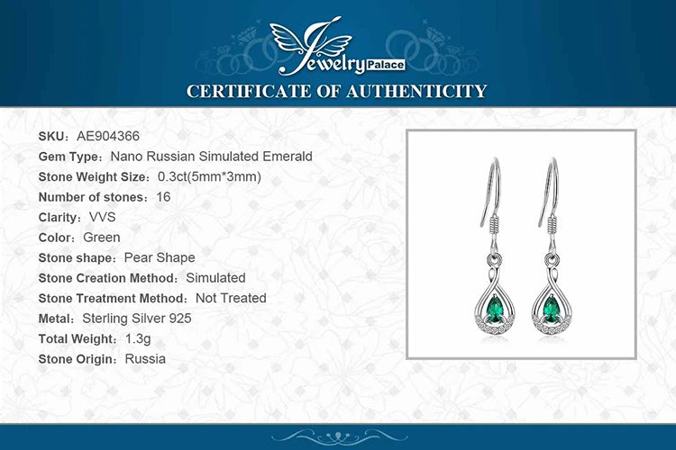 JewelryPalace Pear Simulated Nano Emerald 925 Sterling Silver Drop Earrings for Women Fashion Statement Green Gemstone Jewelry