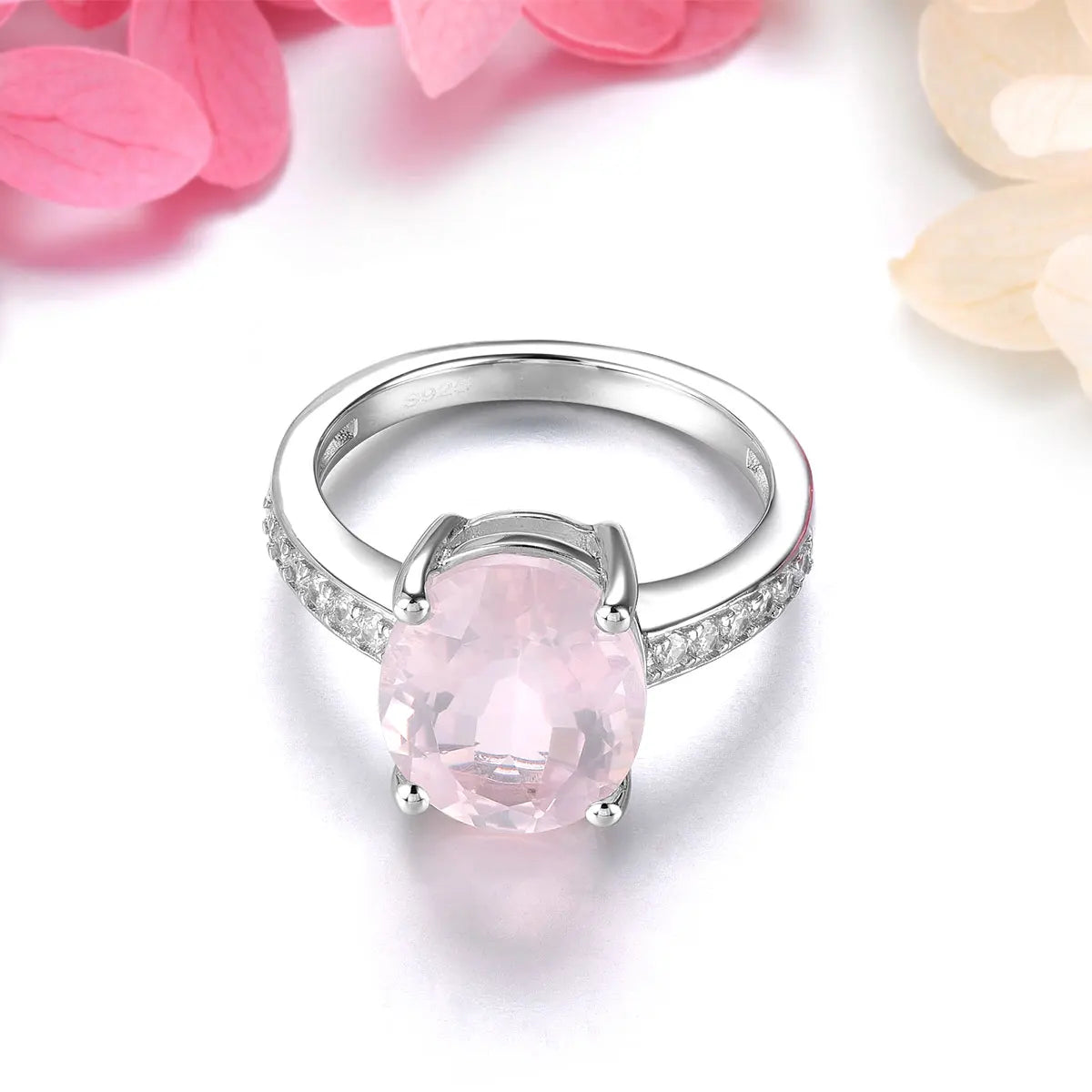 Natural Rose Quarts Sterling Silver Ring 4.2 Carats Genuine Gemstone Light Gentle Pink Crystal S925 Women Anniversary Gifts