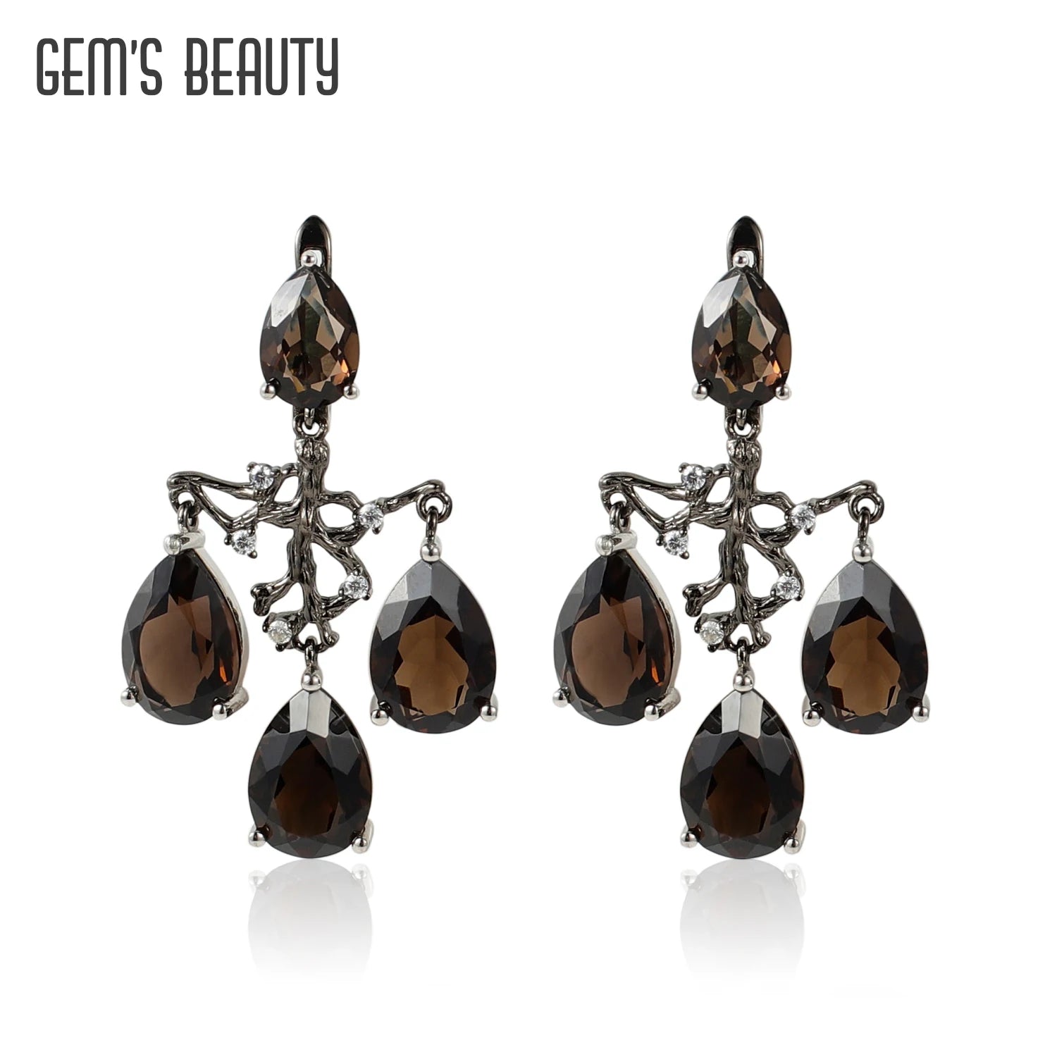 GEM'S BEAUTY 925 Sterling Silver Leaves Branch Fruits Earrings with Natural Smoky Quartz Handmade Vintage Jewelry Gifts For Her