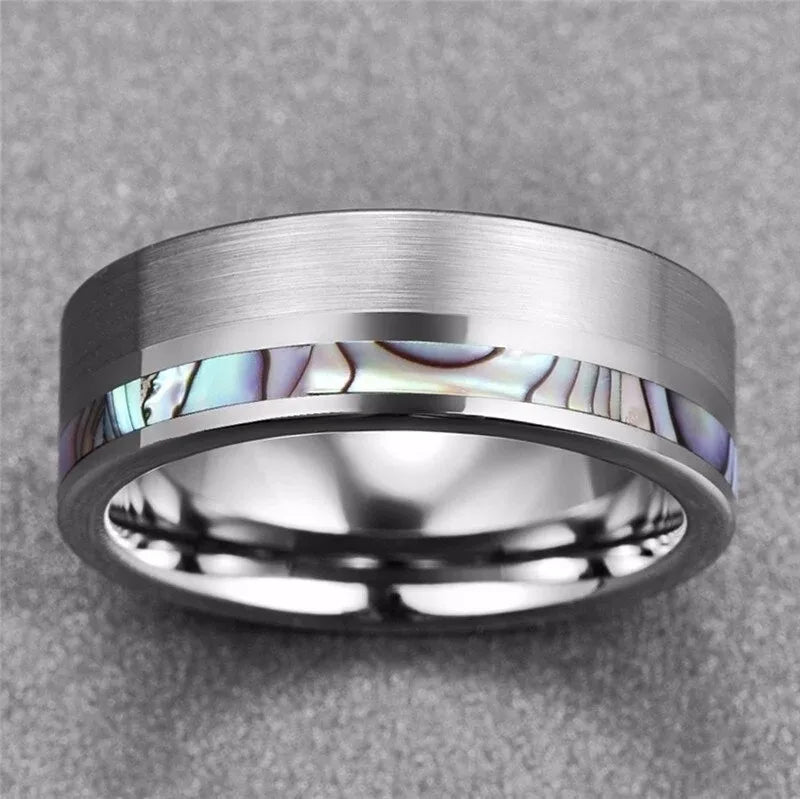 Fashion 8mm Silver Color Men Stainless Steel Ring Inlay Colorful Abalone Shell Rings For Men Women Wedding Band Jewelry Gifts