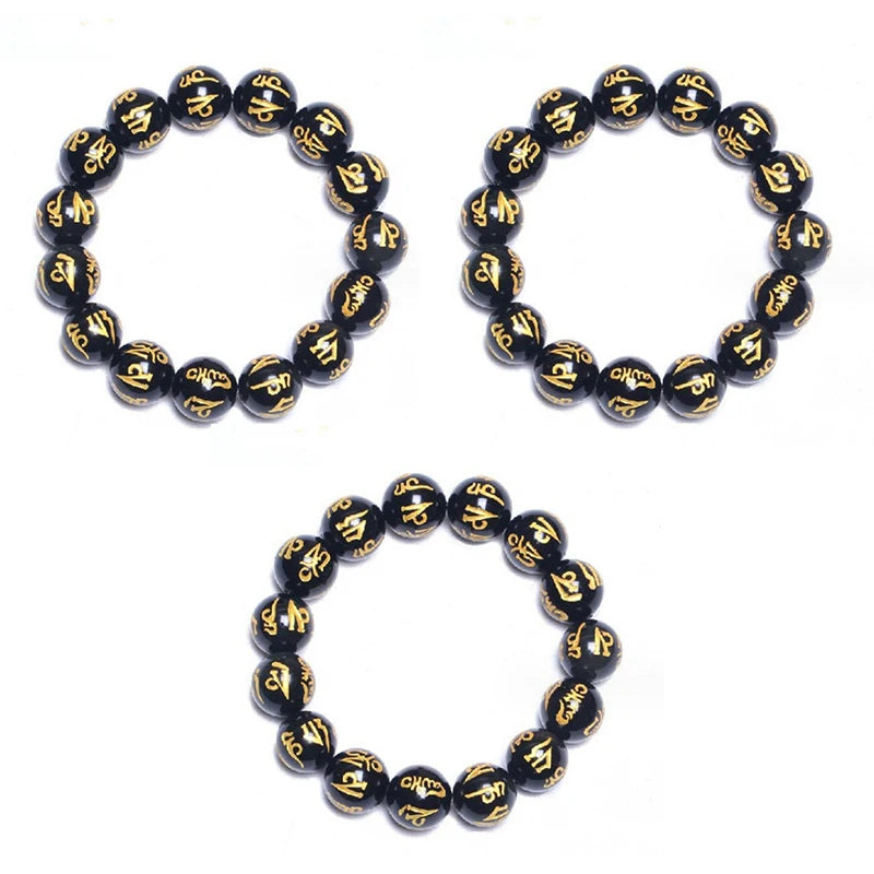 Tibetan Buddhism Six Words Mantra Bracelets For Men Women Black Obsidian Amulet Lucky Bangles Jewelry With Gift Box