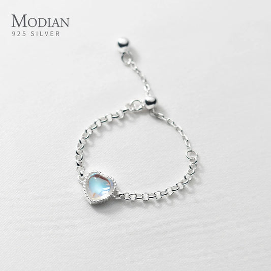 MODIAN New 925 Sterling Silver Natural Heart Moonstone Adjustable Finger Ring For Women Fine Jewelry Eternity Link Chain Ring resizable