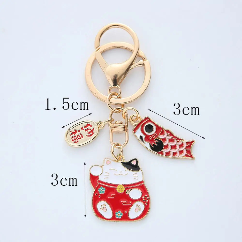 Japanese Style Maneki Neko Keychain Carp Streamer Key Chain For Women Metal Lucky Key Chains Car Bag Pendent