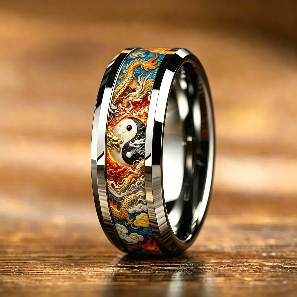 Vintage Dragon Yin Yang Tai Chi Cloud Flame Pattern Inlay Stainless Steel Rings for Men Women Lucky Totem Wedding Band Jewelry