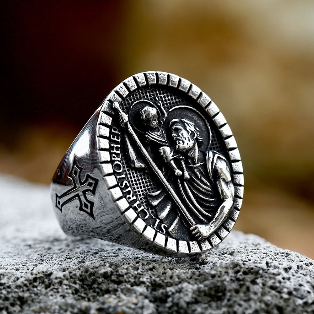 New Vintage St Christopher Cross Fingers Ring For Men 316L Stainless Steel Punk Biker Fashion Renaissance Jewelry Gift Style A