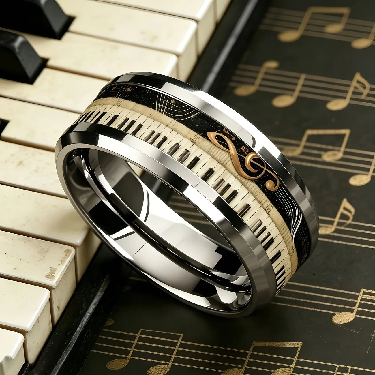 Fashion Stainless Steel Piano Note Ring Hypoallergenic Jewelry for Men, Ideal Opening Graduation Gift for Music Lovers Musician