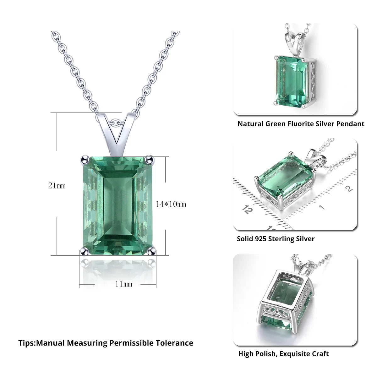 Natural Green Fluorite Solid Silver S925 Pendant 8.8 Carats Genuine Gemstone Rectangle Classic Simple Design New Year Gifts