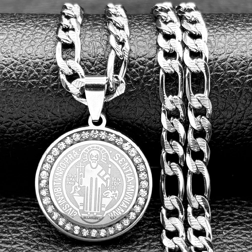 Colorful Crystal Saint Benedict Medal Necklace Women Men Stainless Steel Gold Color Chain Necklaces Jewelry San Benito N8391S05