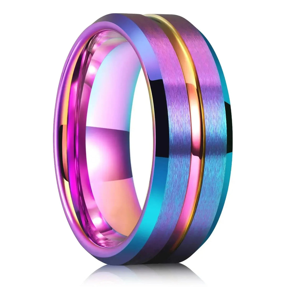 Fashion 8mm Purple Tungsten Wedding Rings For Men,Two Tone Grooved Men Stainless Steel Ring, Men's Wedding Band Matte Finished
