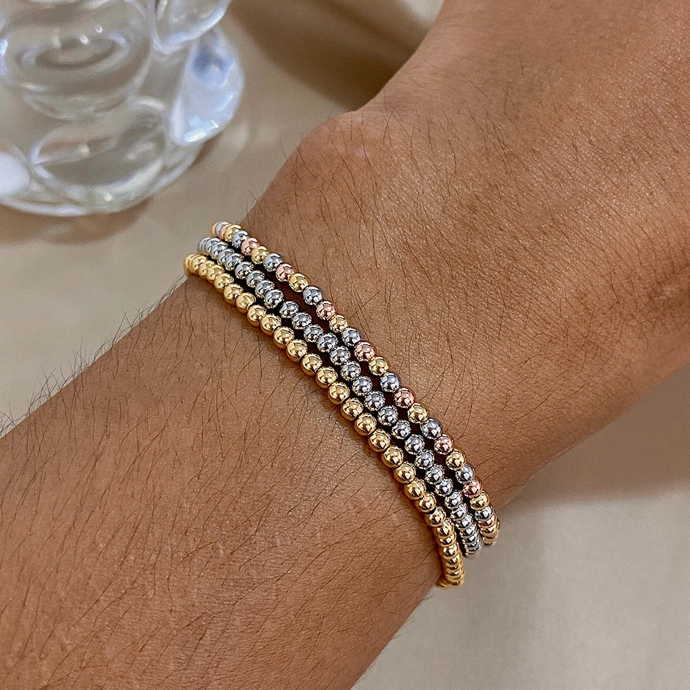 Greatera 3/4mm Stainless Steel Beads Elastic Bracelets for Women Gold Plated Tricolor Beaded Chain Bracelet Waterproof Jewelry