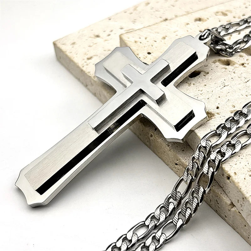 Big Jesus Christian Cross Pendant Necklace for Man Women Stainless Steel Silver Color Link Figaro NK Chain Male Collier Jewelry