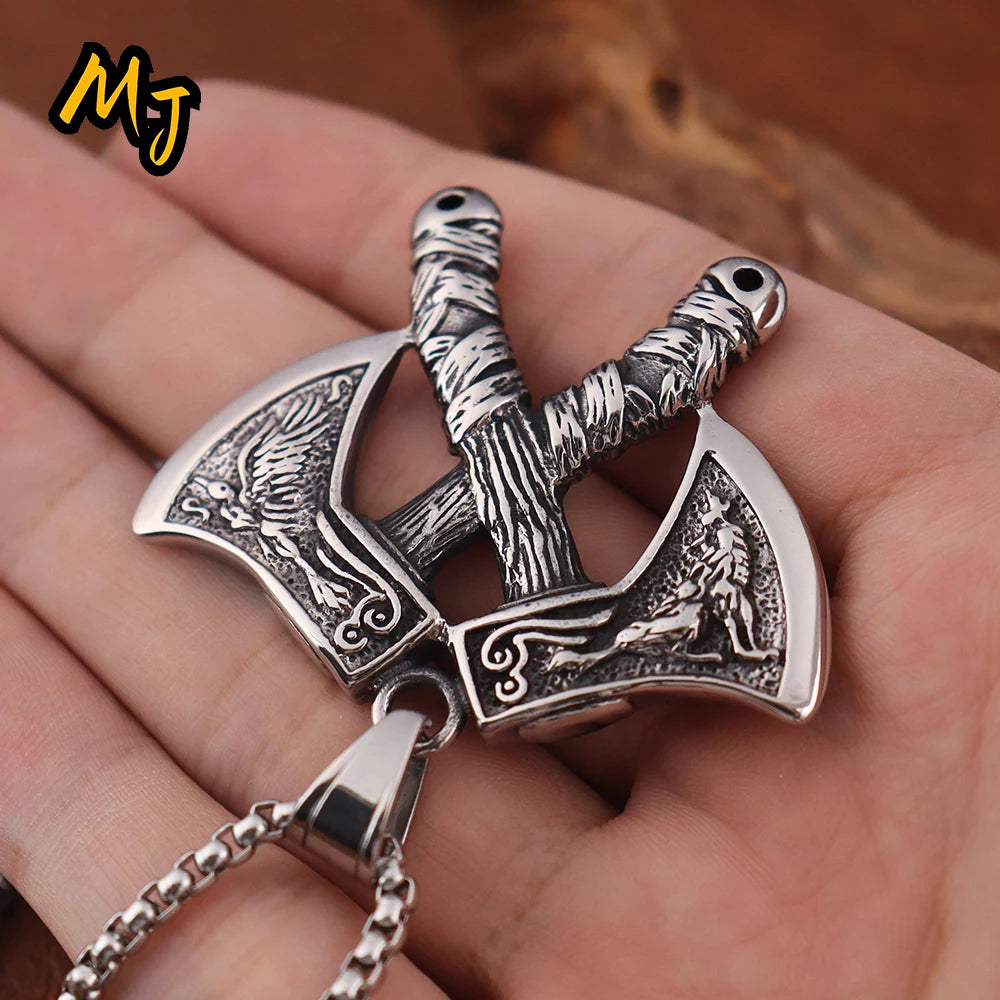 Unique Viking Double Axe Pendant Stainless Steel Retro Nordic Domineering Wolf and Eagle Necklace Scandinavian Jewelry