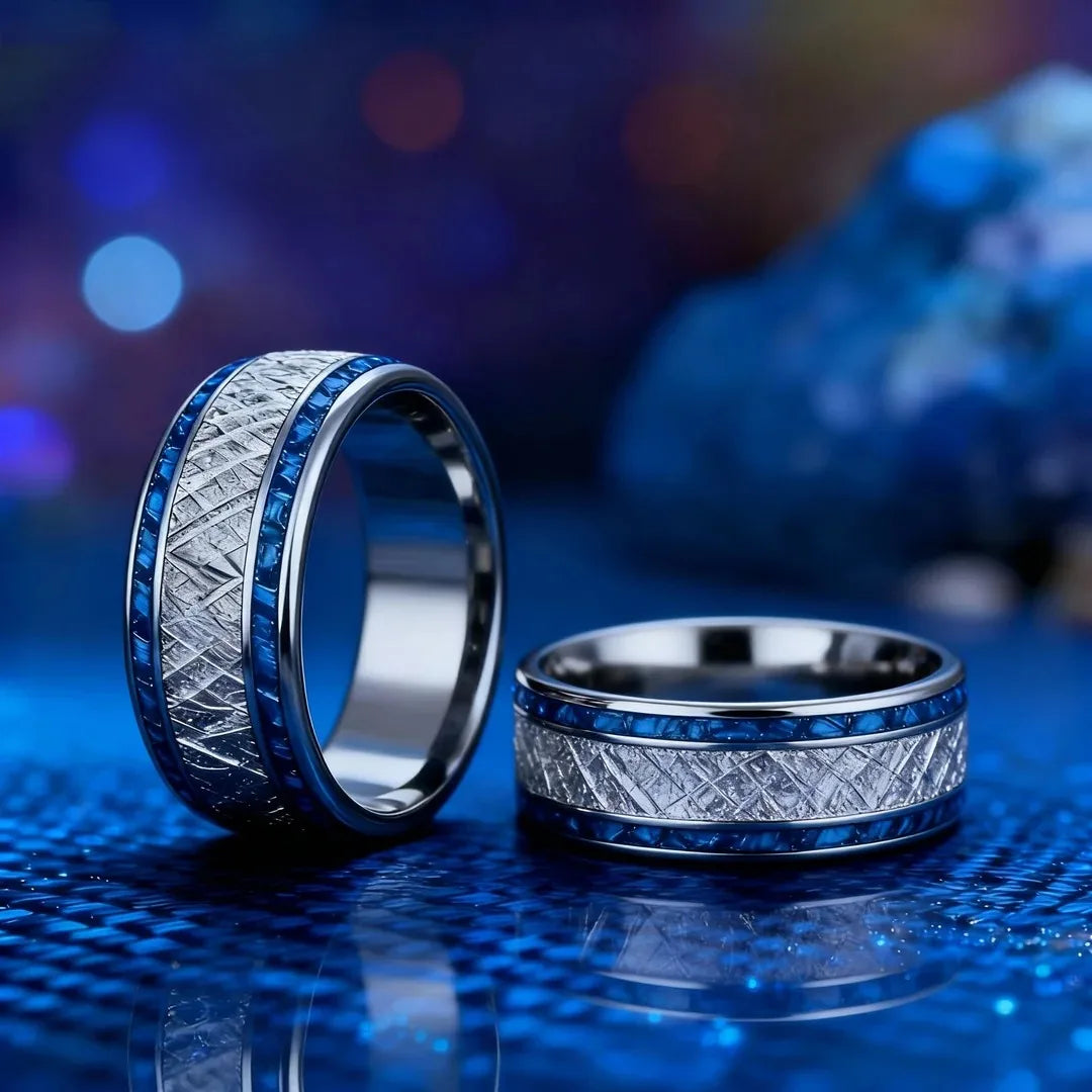 Fashion 8mm Silver Color Stainless Steel Rings for Men, Meteorite Carbon Fiber Inlay Dome Engagement Ring, Men Wedding Jewelry