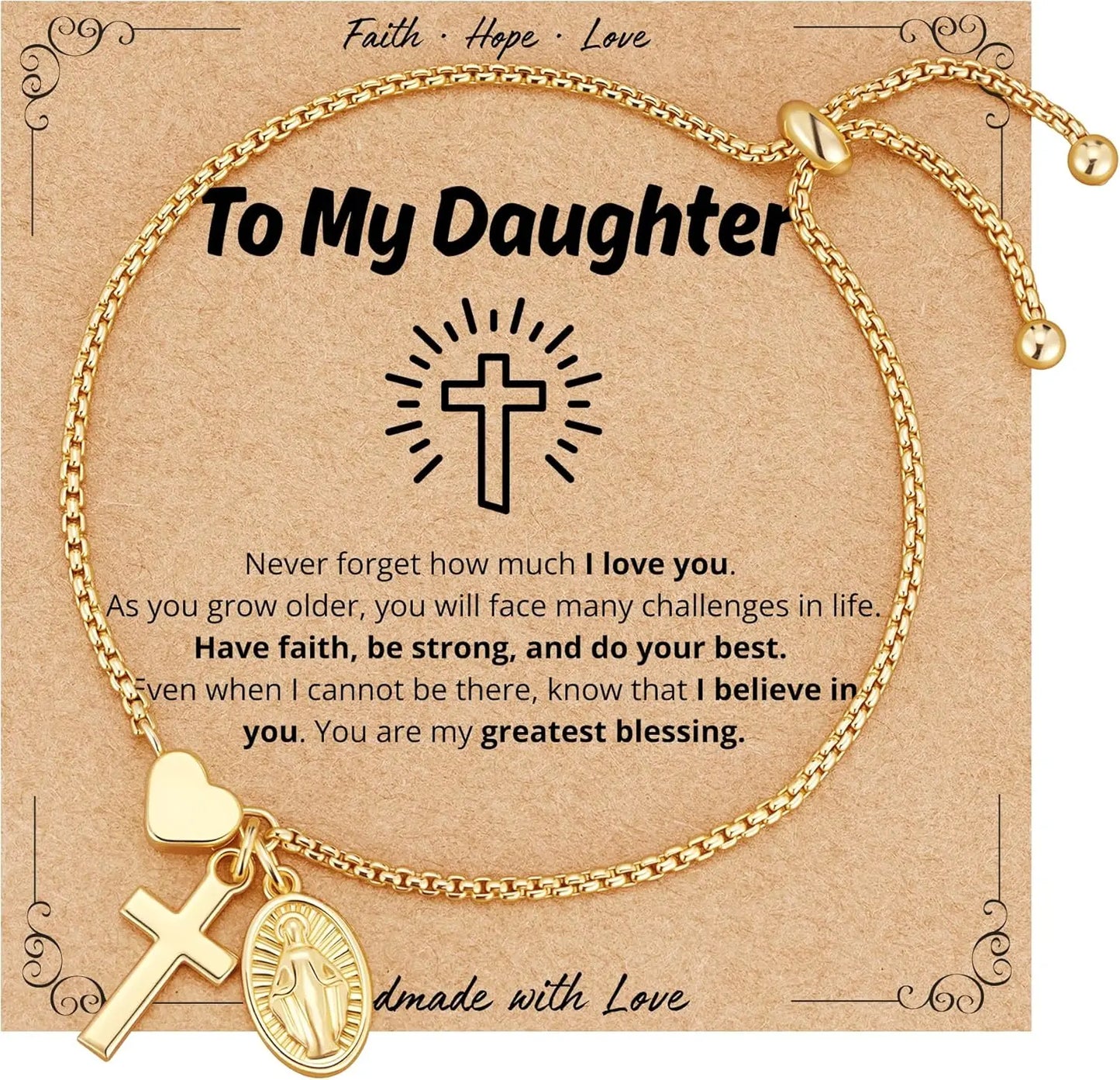 18k Gold Catholic Virgin Mary Cross Heart Bracelet Gift for Women Confirmation First Communion Religious Christian Faith Jewelry