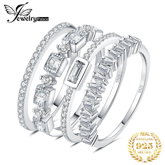 JewelryPalace 4 Pcs 925 Sterling Silver Wedding Band Solitaire Eternity Stacking Rings for Women 1ct AAAAA CZ Fashion Jewelry CHINA