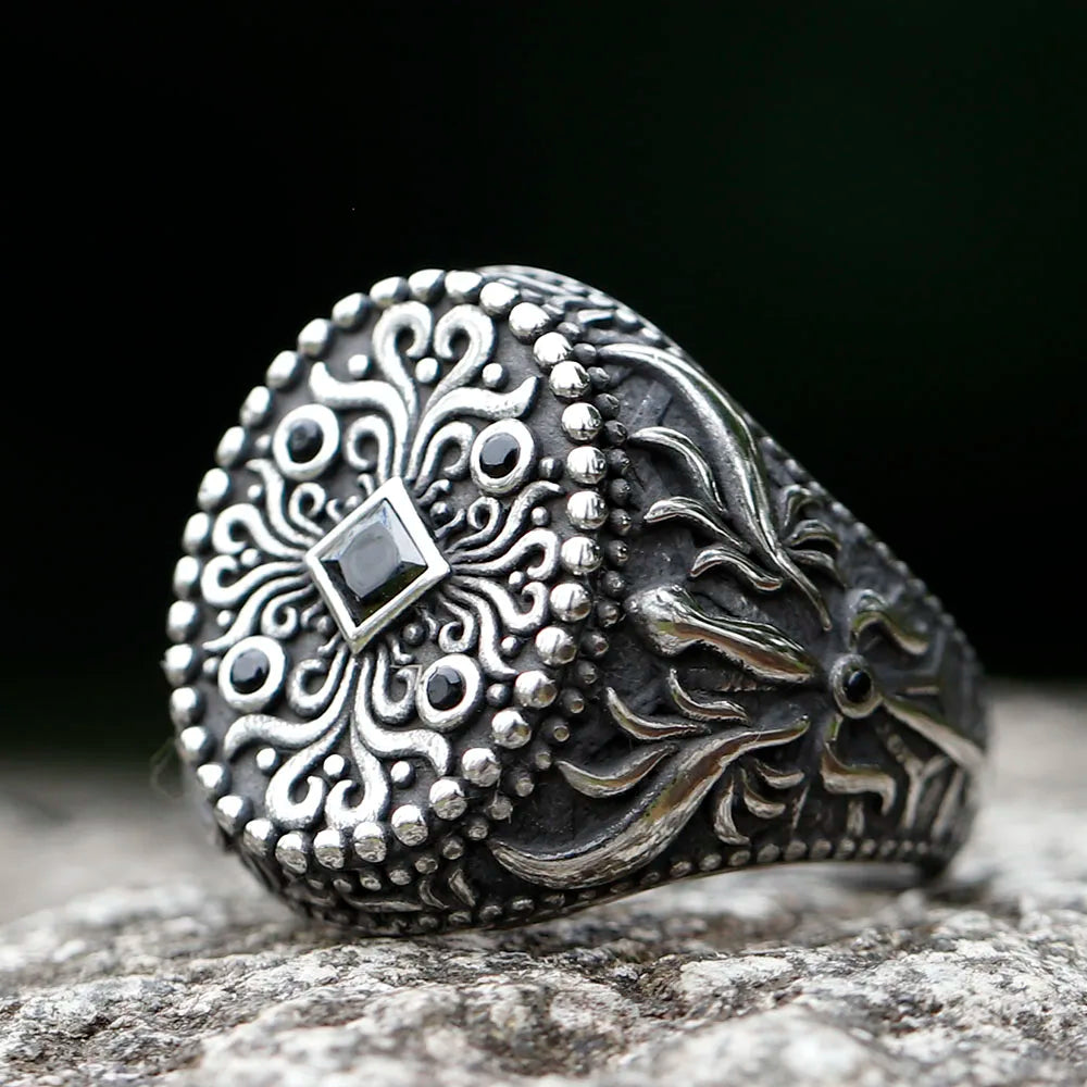 2022 New Unique Design Stainless Steel Turkish Stone Ring Vintage Pattern Men's Ring Retro National Style Jewelry Gift